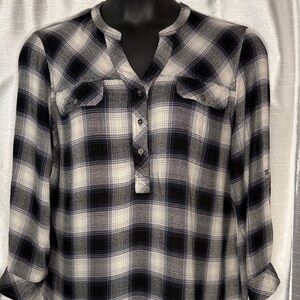 Hester & Orchard Plaid Flannel Shirt Split V Neck 1/2 Button Up Fringe Womens L